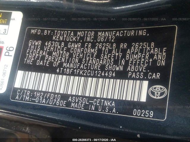 Photo 8 VIN: 4T1BF1FK2CU124494 - TOYOTA CAMRY 