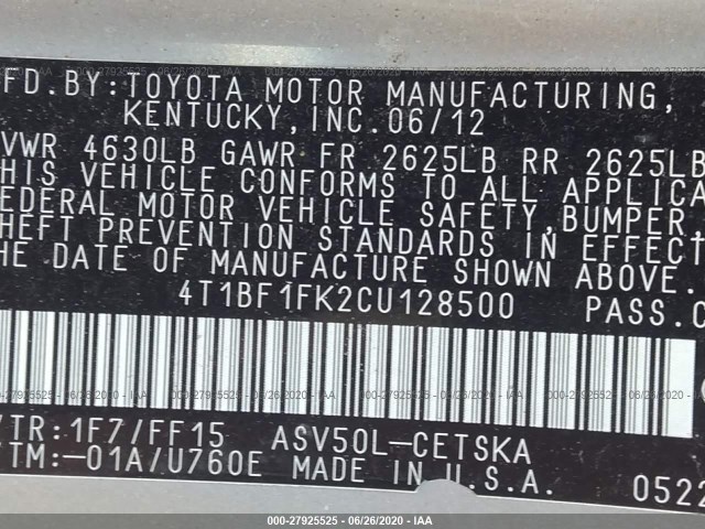 Photo 8 VIN: 4T1BF1FK2CU128500 - TOYOTA CAMRY 