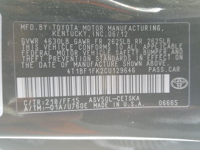 Photo 9 VIN: 4T1BF1FK2CU129646 - TOYOTA CAMRY 