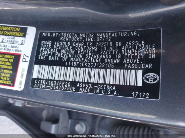 Photo 8 VIN: 4T1BF1FK2CU138105 - TOYOTA CAMRY 