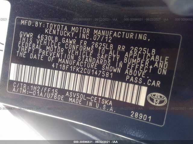 Photo 8 VIN: 4T1BF1FK2CU147581 - TOYOTA CAMRY 