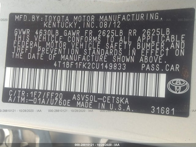 Photo 8 VIN: 4T1BF1FK2CU149833 - TOYOTA CAMRY 