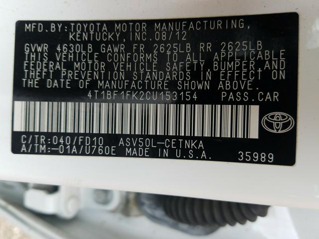 Photo 9 VIN: 4T1BF1FK2CU153154 - TOYOTA CAMRY BASE 