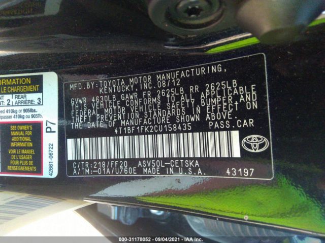 Photo 8 VIN: 4T1BF1FK2CU158435 - TOYOTA CAMRY 