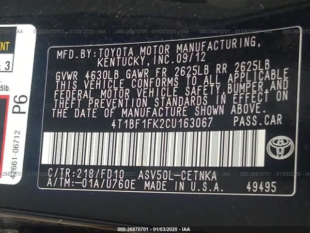 Photo 8 VIN: 4T1BF1FK2CU163067 - TOYOTA CAMRY 