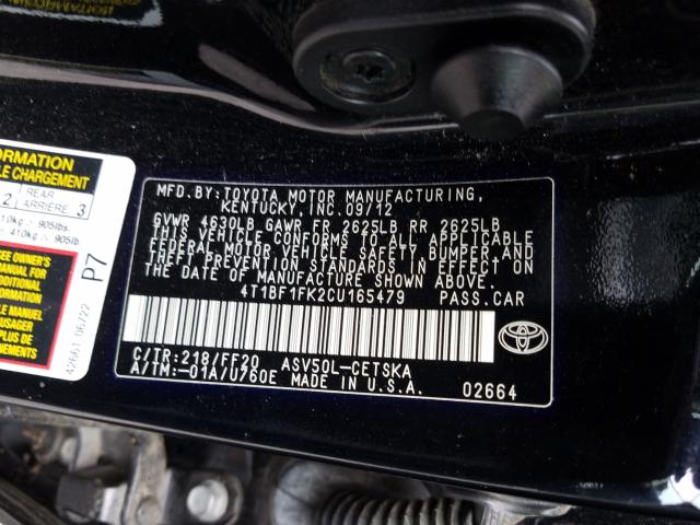 Photo 9 VIN: 4T1BF1FK2CU165479 - TOYOTA CAMRY BASE 