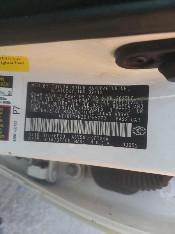 Photo 9 VIN: 4T1BF1FK2CU165773 - TOYOTA CAMRY BASE 