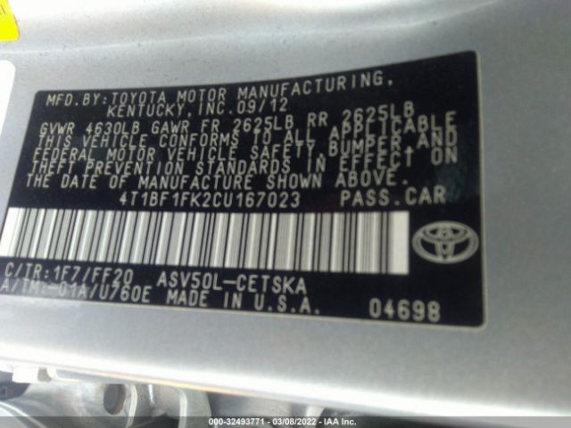 Photo 8 VIN: 4T1BF1FK2CU167023 - TOYOTA CAMRY 