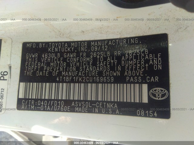 Photo 8 VIN: 4T1BF1FK2CU169659 - TOYOTA CAMRY 