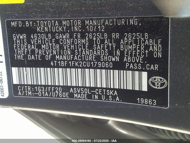 Photo 8 VIN: 4T1BF1FK2CU179060 - TOYOTA CAMRY 