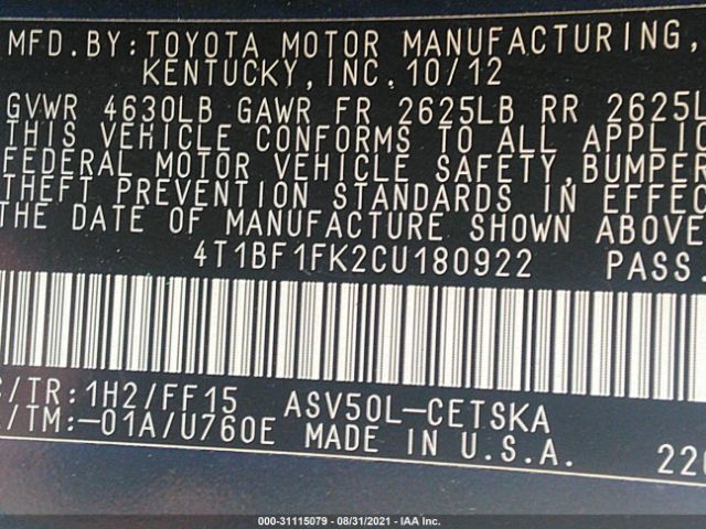 Photo 8 VIN: 4T1BF1FK2CU180922 - TOYOTA CAMRY 