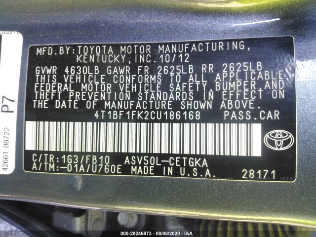 Photo 8 VIN: 4T1BF1FK2CU186168 - TOYOTA CAMRY 