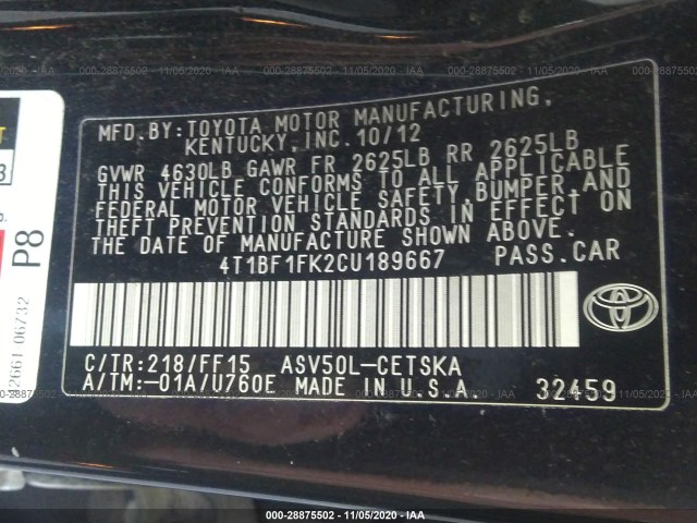 Photo 8 VIN: 4T1BF1FK2CU189667 - TOYOTA CAMRY 