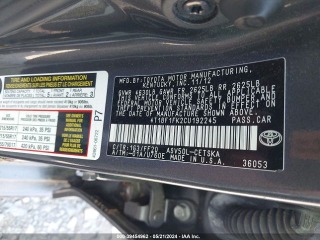 Photo 8 VIN: 4T1BF1FK2CU192245 - TOYOTA CAMRY 