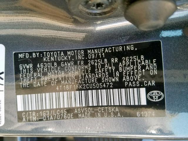 Photo 9 VIN: 4T1BF1FK2CU505472 - TOYOTA CAMRY BASE 