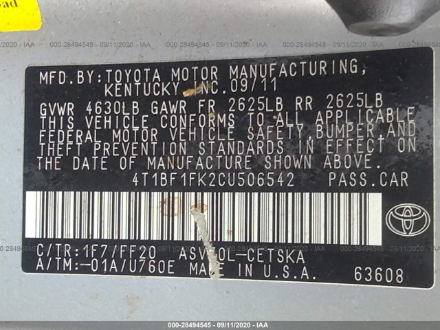 Photo 8 VIN: 4T1BF1FK2CU506542 - TOYOTA CAMRY 