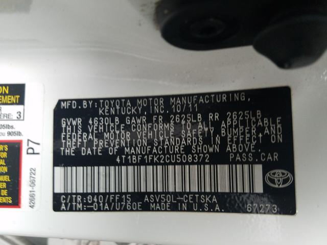 Photo 9 VIN: 4T1BF1FK2CU508372 - TOYOTA CAMRY BASE 