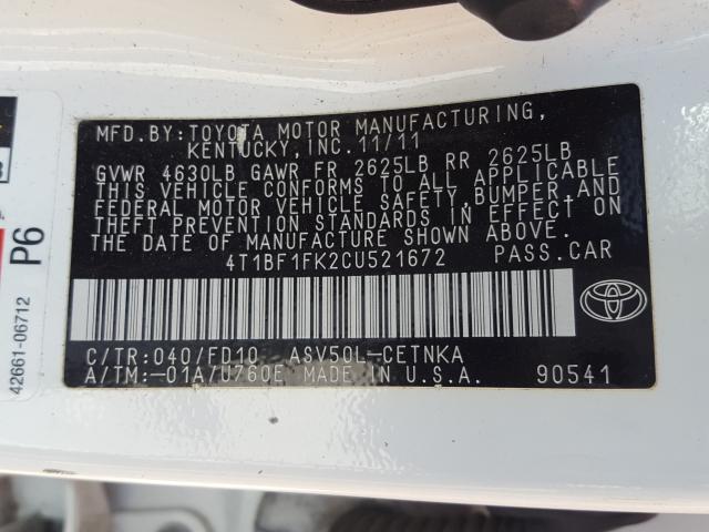 Photo 9 VIN: 4T1BF1FK2CU521672 - TOYOTA CAMRY LE A 