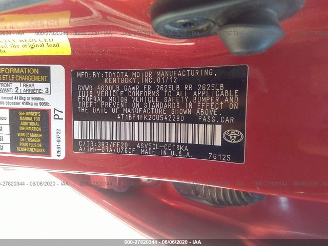 Photo 8 VIN: 4T1BF1FK2CU542280 - TOYOTA CAMRY 