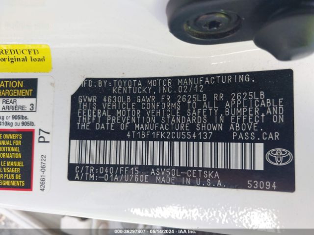 Photo 8 VIN: 4T1BF1FK2CU554137 - TOYOTA CAMRY 