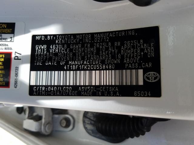 Photo 9 VIN: 4T1BF1FK2CU558480 - TOYOTA CAMRY BASE 