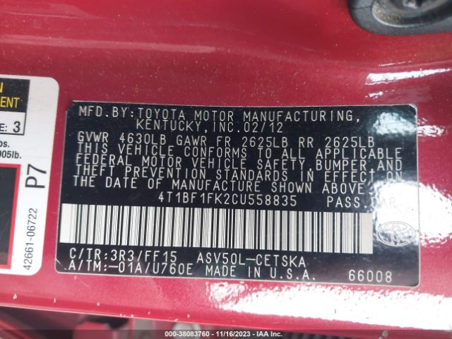 Photo 8 VIN: 4T1BF1FK2CU558835 - TOYOTA CAMRY 