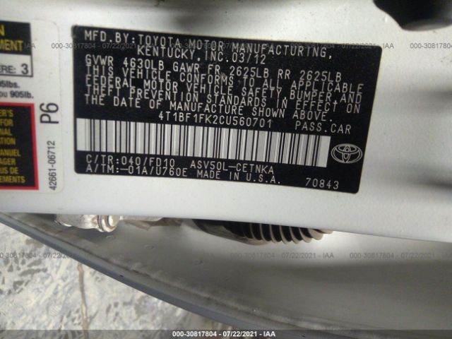 Photo 8 VIN: 4T1BF1FK2CU560701 - TOYOTA CAMRY 