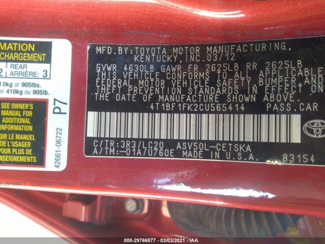 Photo 8 VIN: 4T1BF1FK2CU565414 - TOYOTA CAMRY 