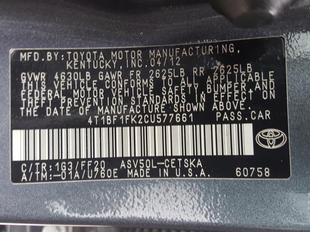 Photo 9 VIN: 4T1BF1FK2CU577661 - TOYOTA CAMRY 