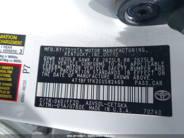 Photo 8 VIN: 4T1BF1FK2CU582469 - TOYOTA CAMRY 