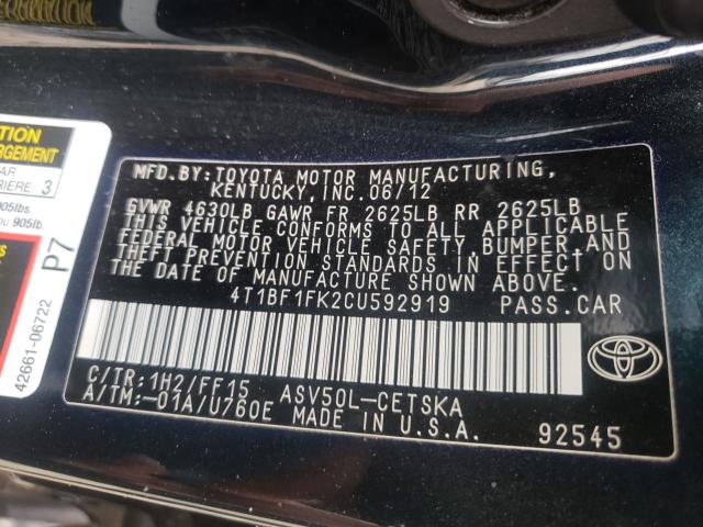 Photo 9 VIN: 4T1BF1FK2CU592919 - TOYOTA CAMRY 