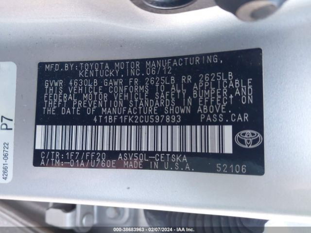 Photo 8 VIN: 4T1BF1FK2CU597893 - TOYOTA CAMRY 