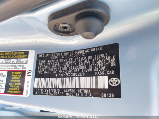 Photo 8 VIN: 4T1BF1FK2CU605278 - TOYOTA CAMRY 