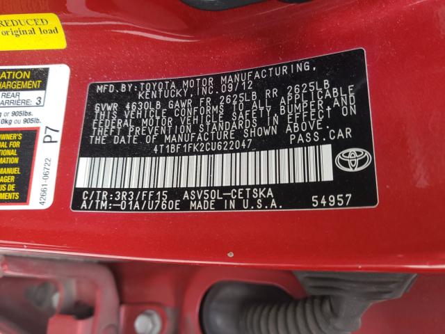 Photo 9 VIN: 4T1BF1FK2CU622047 - TOYOTA CAMRY BASE 