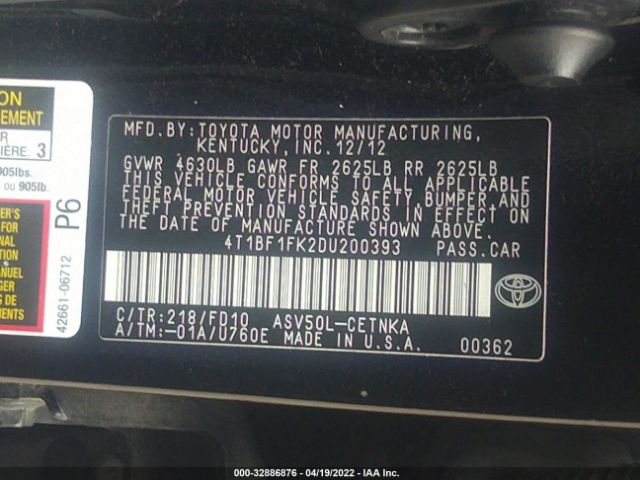 Photo 8 VIN: 4T1BF1FK2DU200393 - TOYOTA CAMRY 