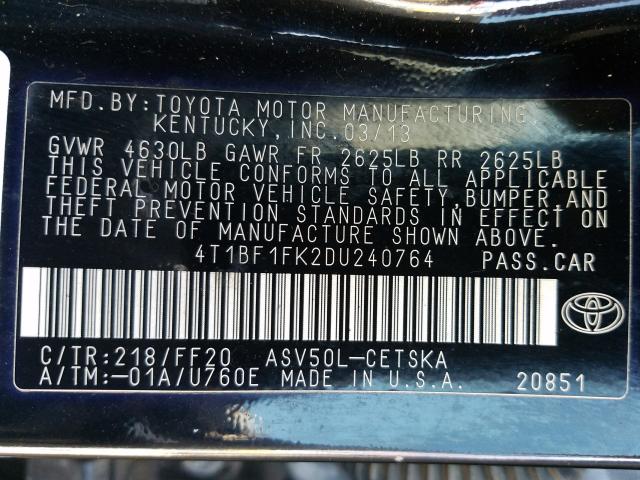 Photo 9 VIN: 4T1BF1FK2DU240764 - TOYOTA CAMRY L 