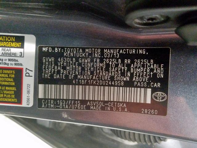 Photo 9 VIN: 4T1BF1FK2DU244958 - TOYOTA CAMRY L 