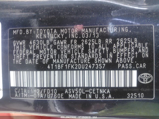 Photo 8 VIN: 4T1BF1FK2DU247357 - TOYOTA CAMRY 