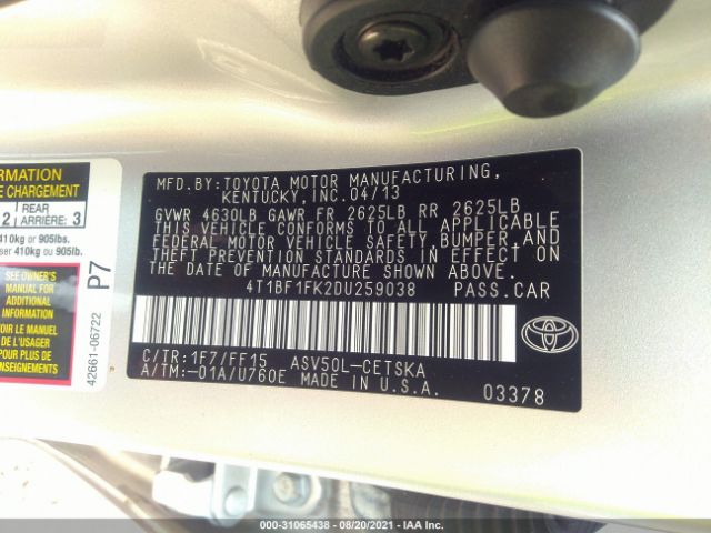 Photo 8 VIN: 4T1BF1FK2DU259038 - TOYOTA CAMRY 