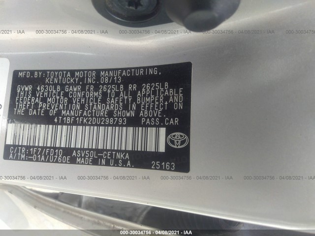 Photo 8 VIN: 4T1BF1FK2DU298793 - TOYOTA CAMRY 