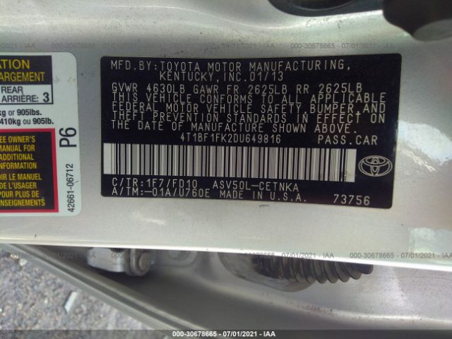 Photo 8 VIN: 4T1BF1FK2DU649816 - TOYOTA CAMRY 