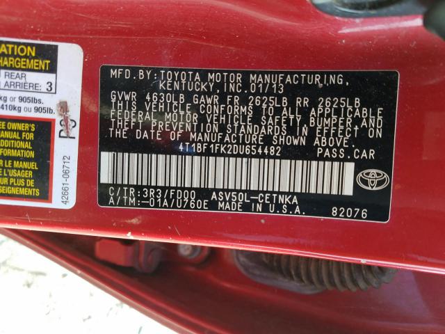 Photo 9 VIN: 4T1BF1FK2DU654482 - TOYOTA CAMRY L 