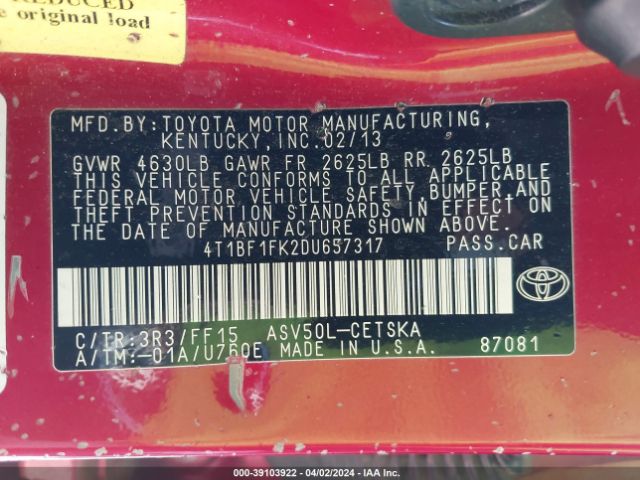 Photo 8 VIN: 4T1BF1FK2DU657317 - TOYOTA CAMRY 