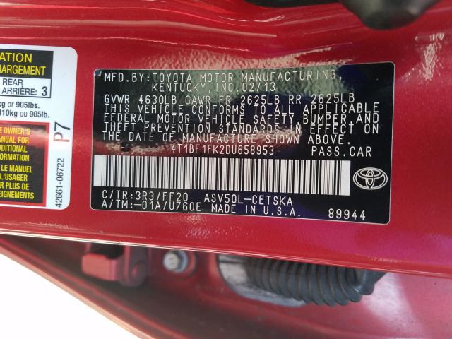 Photo 9 VIN: 4T1BF1FK2DU658953 - TOYOTA CAMRY L 