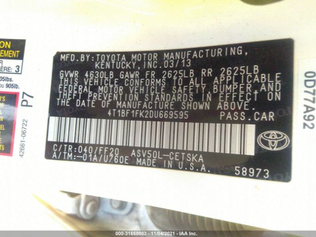 Photo 8 VIN: 4T1BF1FK2DU669595 - TOYOTA CAMRY 