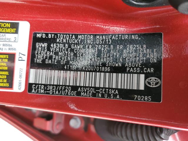 Photo 12 VIN: 4T1BF1FK2DU701896 - TOYOTA CAMRY L 