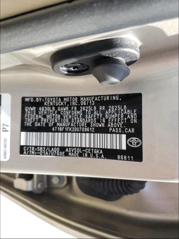 Photo 9 VIN: 4T1BF1FK2DU709612 - TOYOTA CAMRY L 