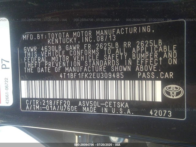 Photo 8 VIN: 4T1BF1FK2EU309485 - TOYOTA CAMRY 