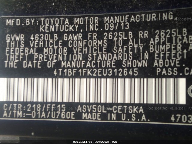 Photo 8 VIN: 4T1BF1FK2EU312645 - TOYOTA CAMRY 