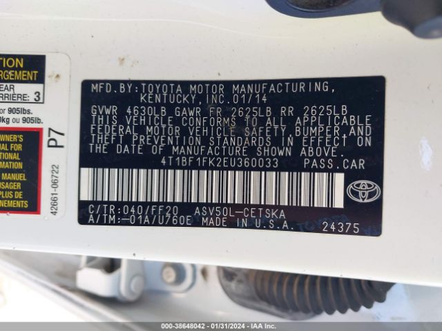 Photo 8 VIN: 4T1BF1FK2EU360033 - TOYOTA CAMRY 